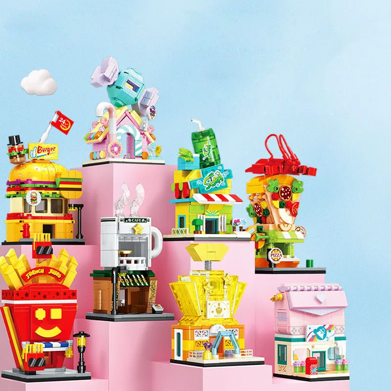 Hamburger French Fries Perfume Soda Shop Coffee House Pizzeria Brand Bag Candy Store Building Block City Street View Brick Toys