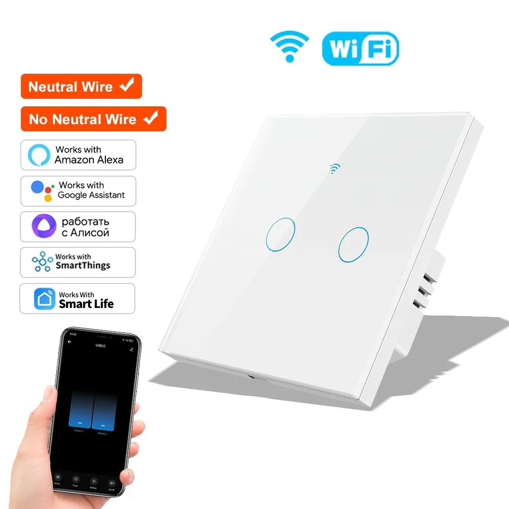 Smart Wifi Wall Touch Light Switch No Neutral Wire &With Neutral Wire APP Control 1-4Gang EU Switch Alexa Google Home Alice