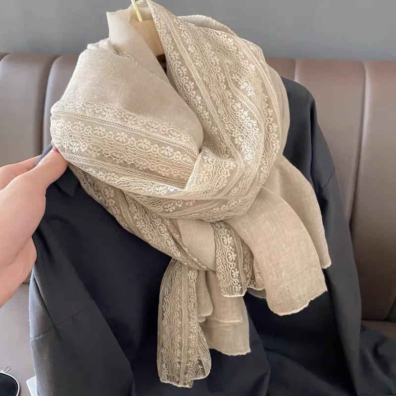 

Кружевной тонкий шарф из хлопка и льна, женская зимняя шаль, весенне-осенний модный шелковый однотонный шарф