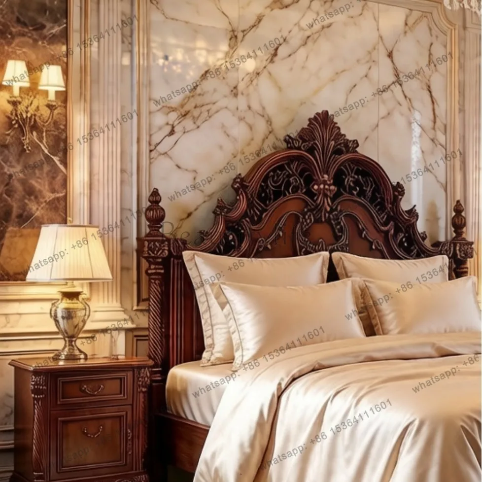 American all solid wood bed luxury double high-end villa furniture pillar French retro carved bed