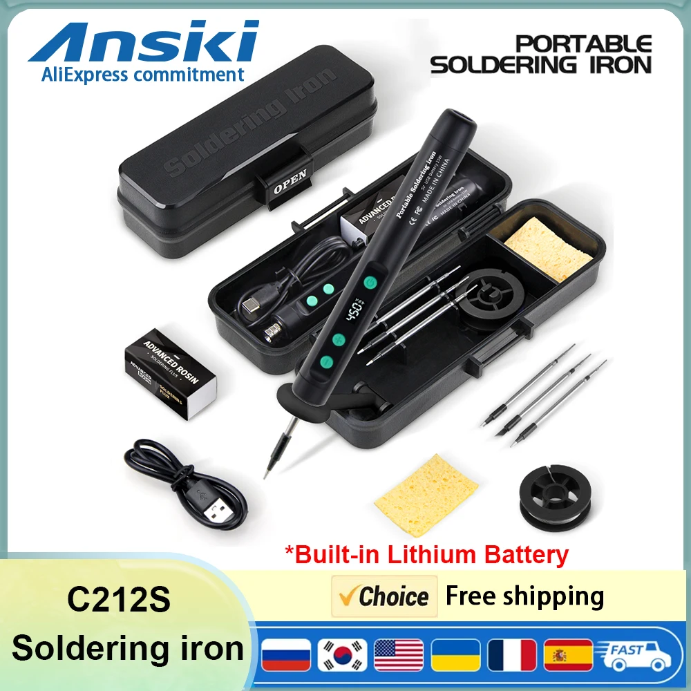 ANSIKI C212S Wireless Soldering Iron Portable 180-450 °C Adjustable Temperature Built-in Battery with 3Tip Soldering Tool Kit