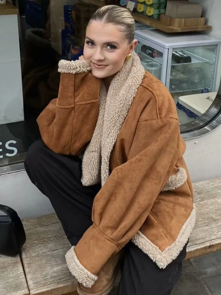 HH 2025 chaqueta de retales de lana de cordero a la moda para mujer, ropa de calle holgada Vintage con cuello vuelto para mujer, abrigo grueso para mujer