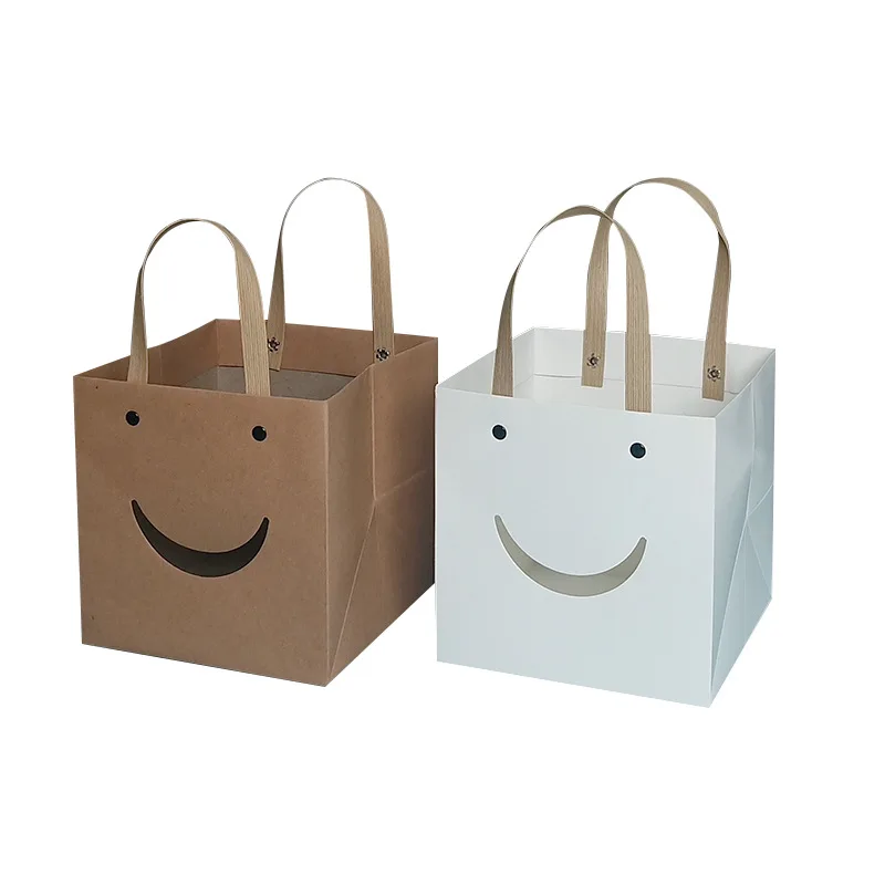 12/24Pcs Kraft Paper Smiley Gift Bags with PVC Transparent Window Shopping Flower Packaging Bag Wedding Souvenirs for Guests