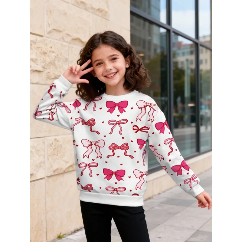 

Girls Sweet Bow Heart Print round Neck Long Sleeve Sweatshirt Children's Cute Style Casual Top 2026