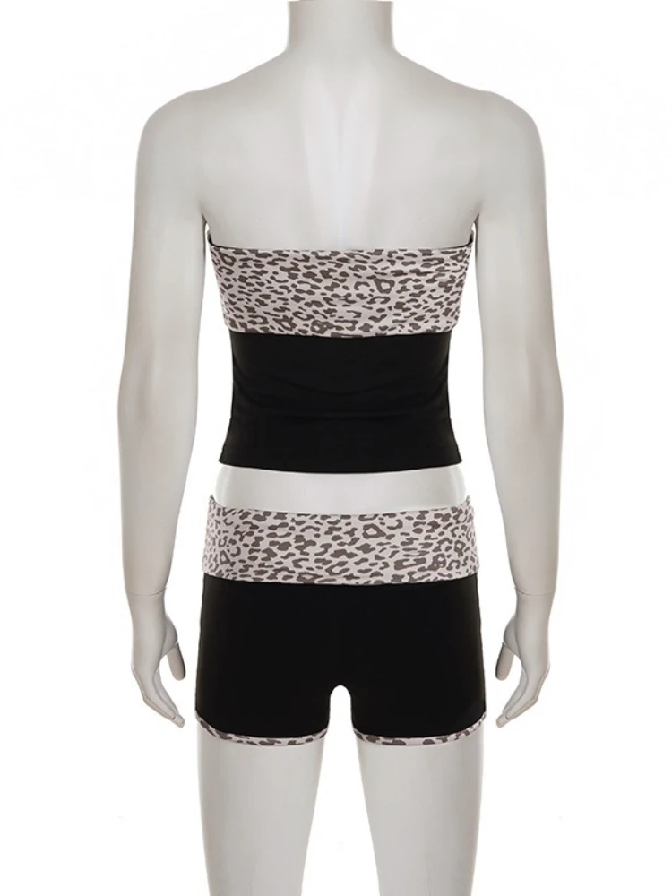 Stsss verão y2k hottie conjunto de 2 peças feminino sexy leopardo impressão retalhos sem alças sem mangas colheita topo & shorts finos combinando terno