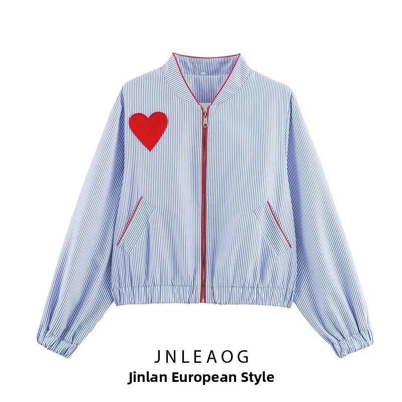 

Faionable Striped Heart Patchwork Zipper ket Jaet Outerwear for Women Autumn New Arrival Casual Loose Fit Polyester