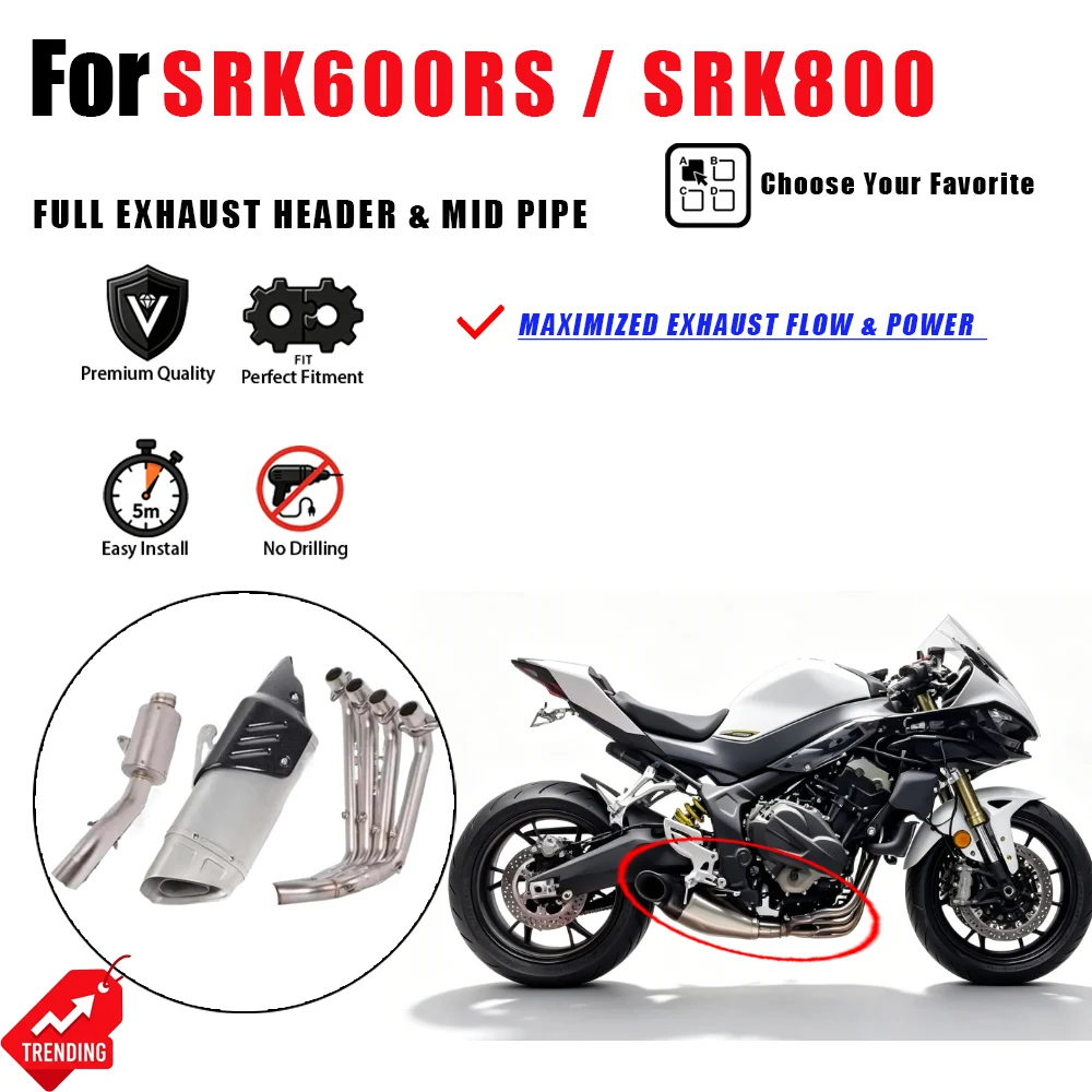 For QJMOTOR SRK600RS SRK800 Exhaust Header Mid Pipe Full System Escape Moto Accesorios Moto Scarico Completo Colector Parts