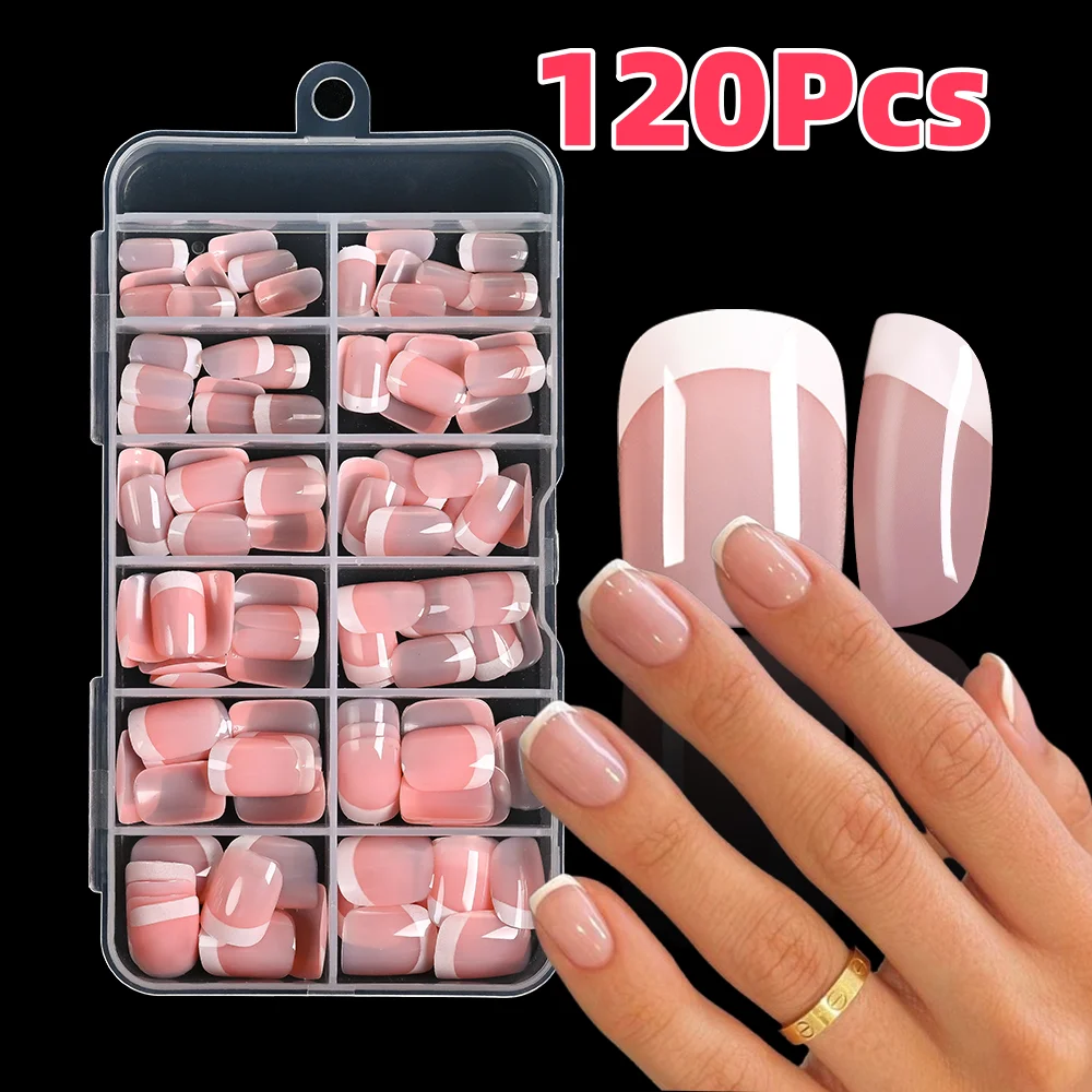 120 pièces rose français court carré faux ongles 12 tailles couverture complète presse sur ongles portable détachable fini faux bout des doigts * TD
