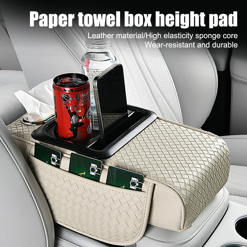 

Car Armrest Cushion With Tissue Box And Bottle Cup Holder Phone Storage Pocket Auto Interior Arm Rest Height Pad Truck Vehicle