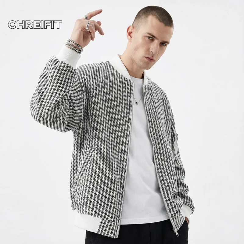 

Мужская вязаная куртка-бомбер, новинка 2026, повседневная верхняя одежда на молнии с узором «гусиные лапки», осенне-зимний теплый модный свитер, пальто для мужчин