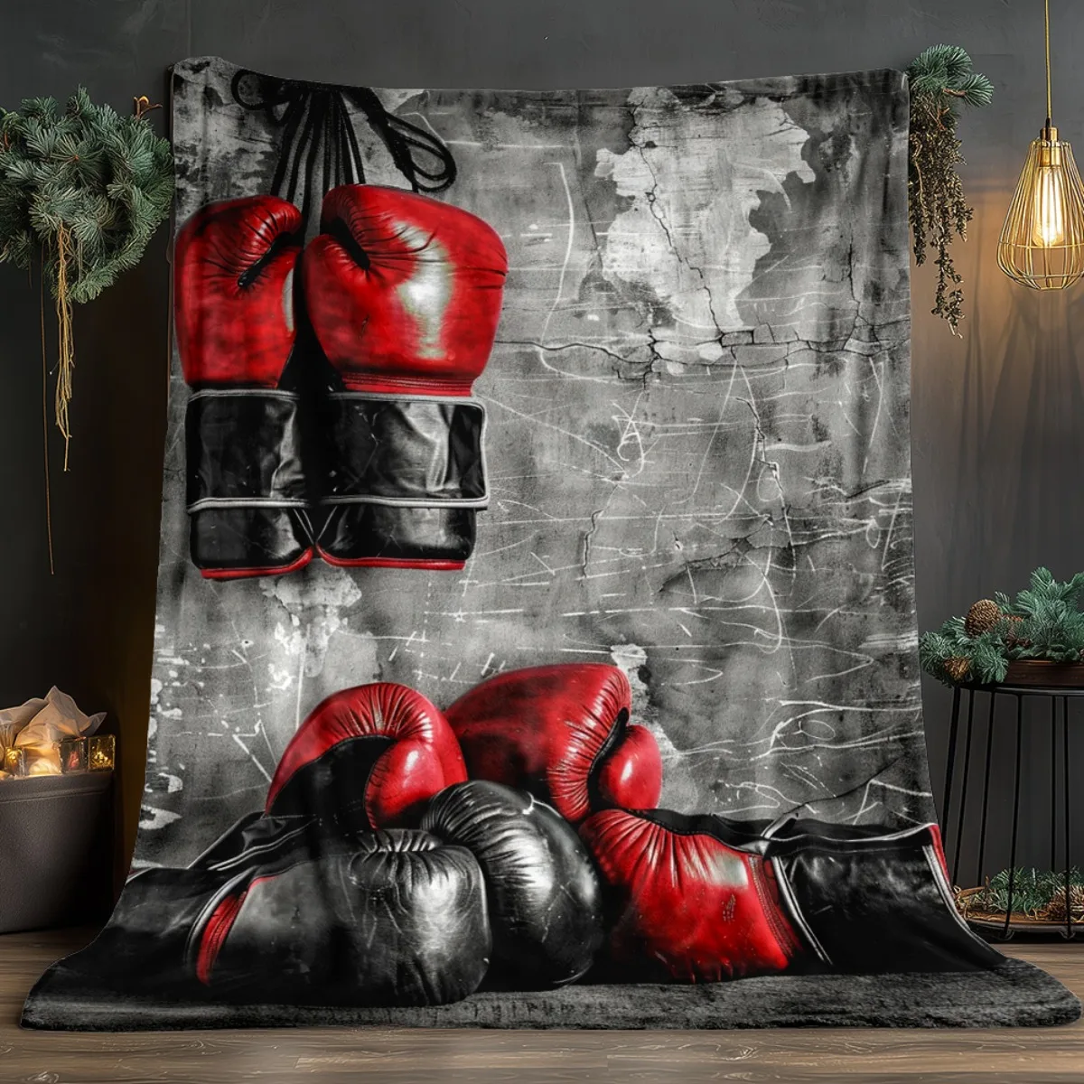Boxing gloves vintage gym sport theme blanket athletic decor fight training gift soft fleece blanket fitness enthusiast throw