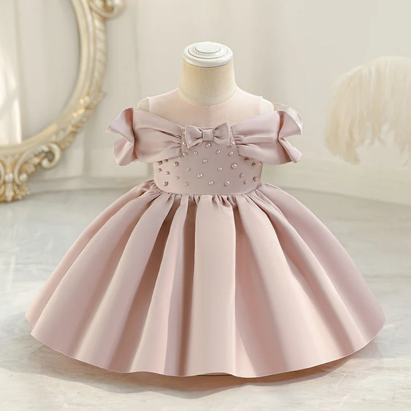Children Elegance Dresses Girls Bow Pearl Accents Gentle Princess Party Gala Gown Kids Birthday Performance Skirt 1-6 Years Old