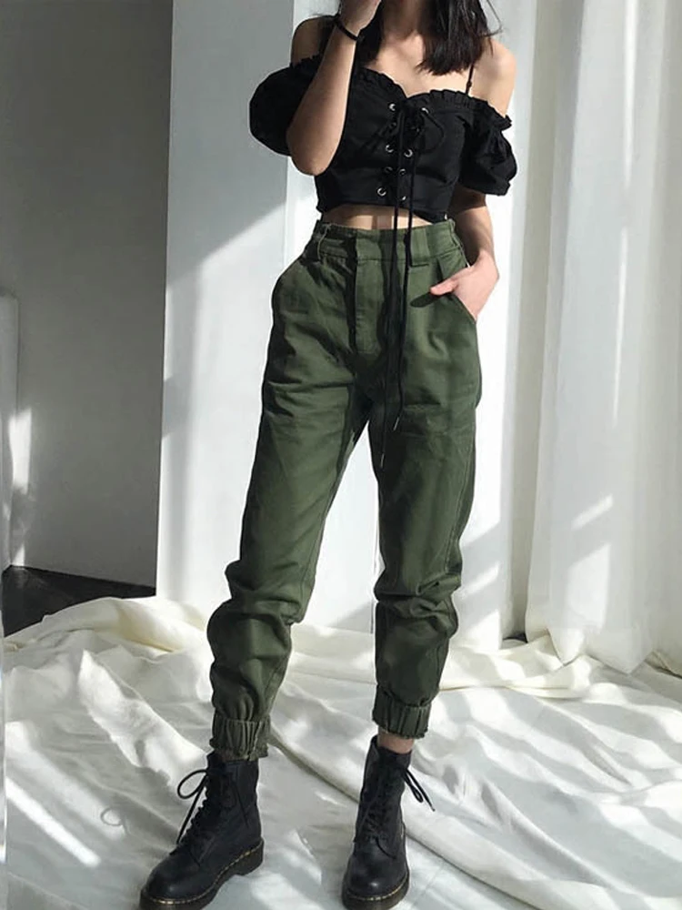 Vangull-女性用カジュアルアーミーカーゴパンツ,ハイウエスト,ゆったりとしたジョギング,ストリートウェア,ポケット,ジッパー,パンク
