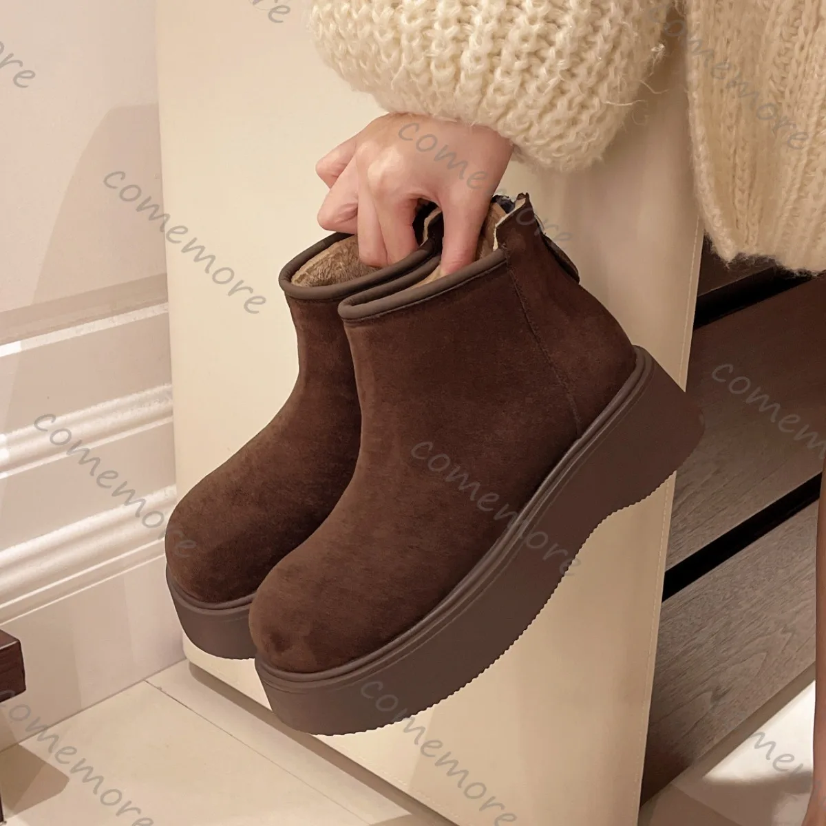 Comemore Winter Women's Fur Ankle Boots Platform Casual Solie Suede Padded Warm Snow Boots Back Zipper Heightened Cotton Shoes