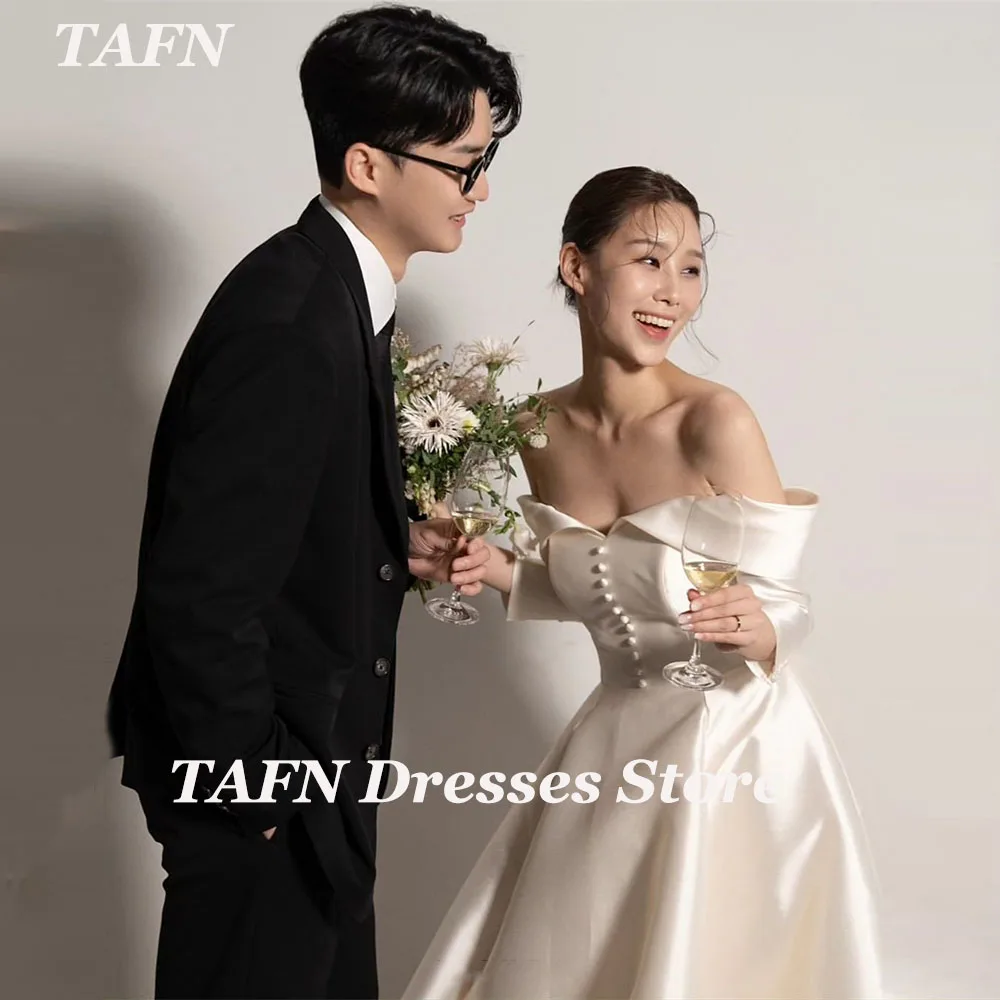 

TAFN A-line Satin Wedding Dresses Off the Shoulder Long Sleeves Buttons Bridal Gown Custom Made Photo Shoot Gown for Bride