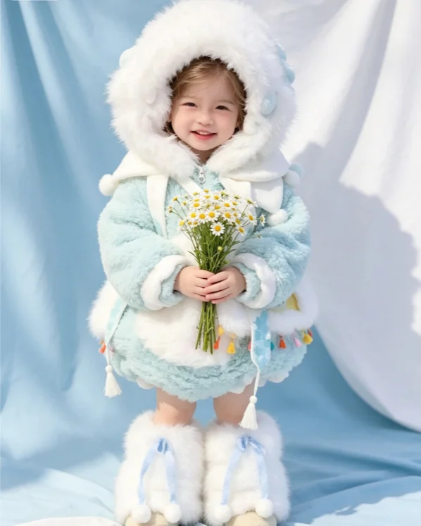 Girls Suit 2026 Autumn and Winter New Childrens Clothing Korean Girl Baby Cute Plush Little Dinosaur Hat Coat Shorts Three Sets