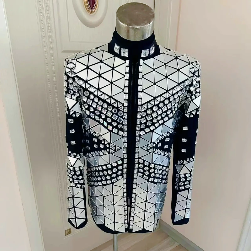 Mirror Lens Man Jacket Sliver Sparkly Crystals Full Costumes Stage Show DJ Performance Coat Bar Club Singer Dancer Party Costume