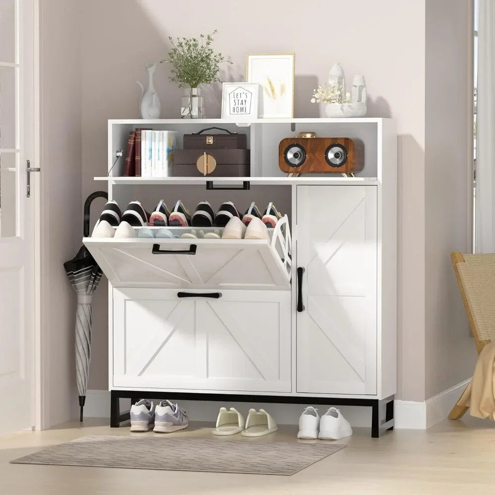 Shoe Storage Cabinet with 2 Flip Drawers, Slim Freestanding Shoe Cabinet, Shoe Rack Cabinet with Open Storage