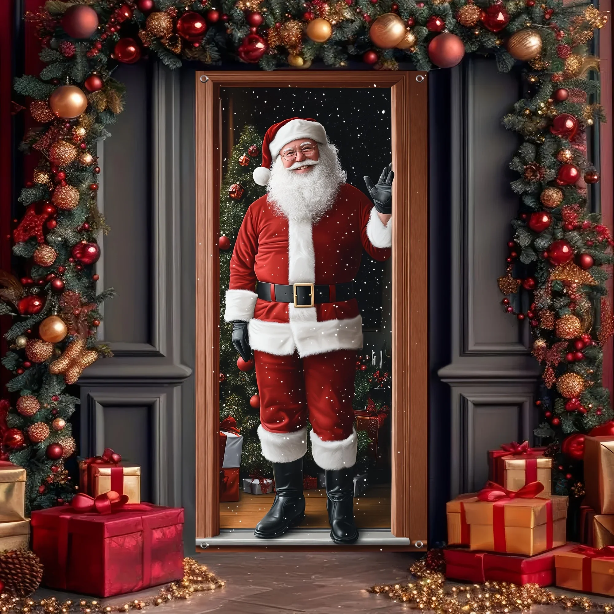 2D banner, Santa Claus Christmas door cover. Polyester fiber. Perfect holiday decoration. Multi-functional. Winter party.ZL