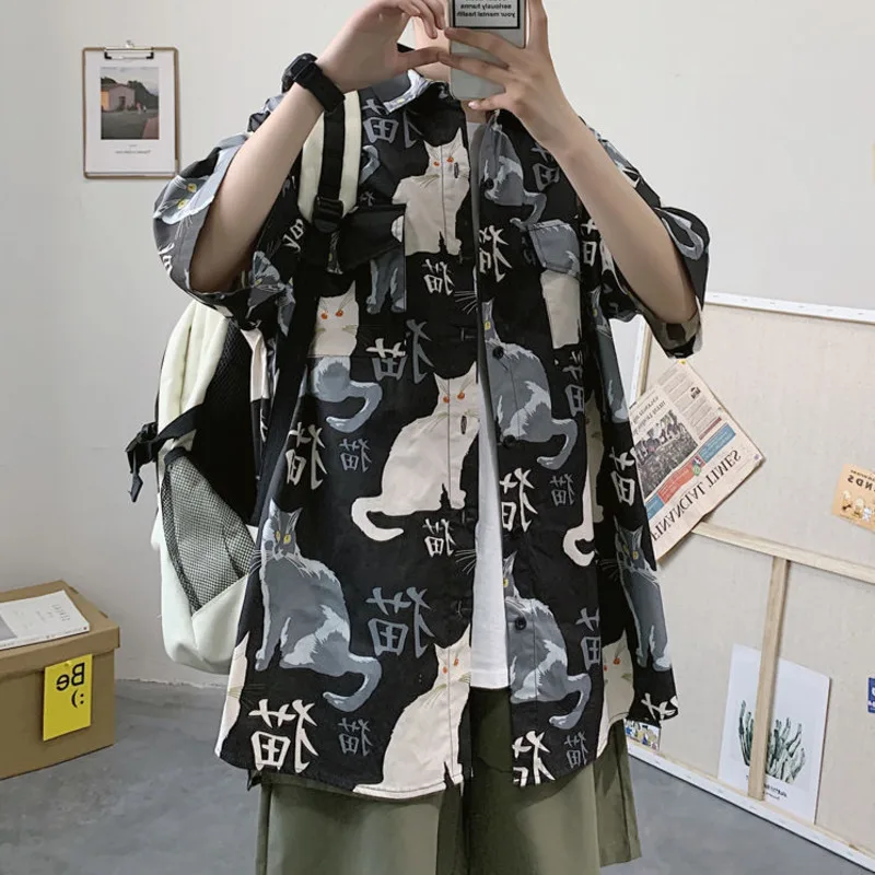 

Short Sleeves Summer Lapel Neck Buttons Cartoon Shirt Mens Cute Shirt Black Cats Print Shirts Beachwear Tops Camisa Harajuku Top
