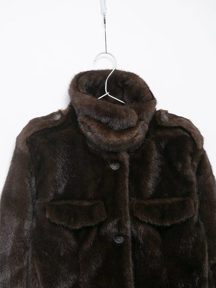 HH Donna Caldo Elegante Colletto rialzato Effetto pelliccia artificiale Top Donna Inverno Manica lunga Solido Cappotto corto con tasca monopetto