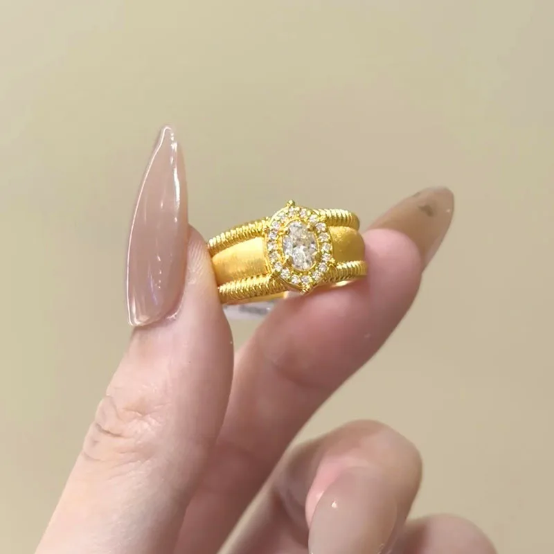 9999 gold vintage pigeon egg ring with brushed zirconia sparkly unique design, versatile, luxurious and exquisite finger ring