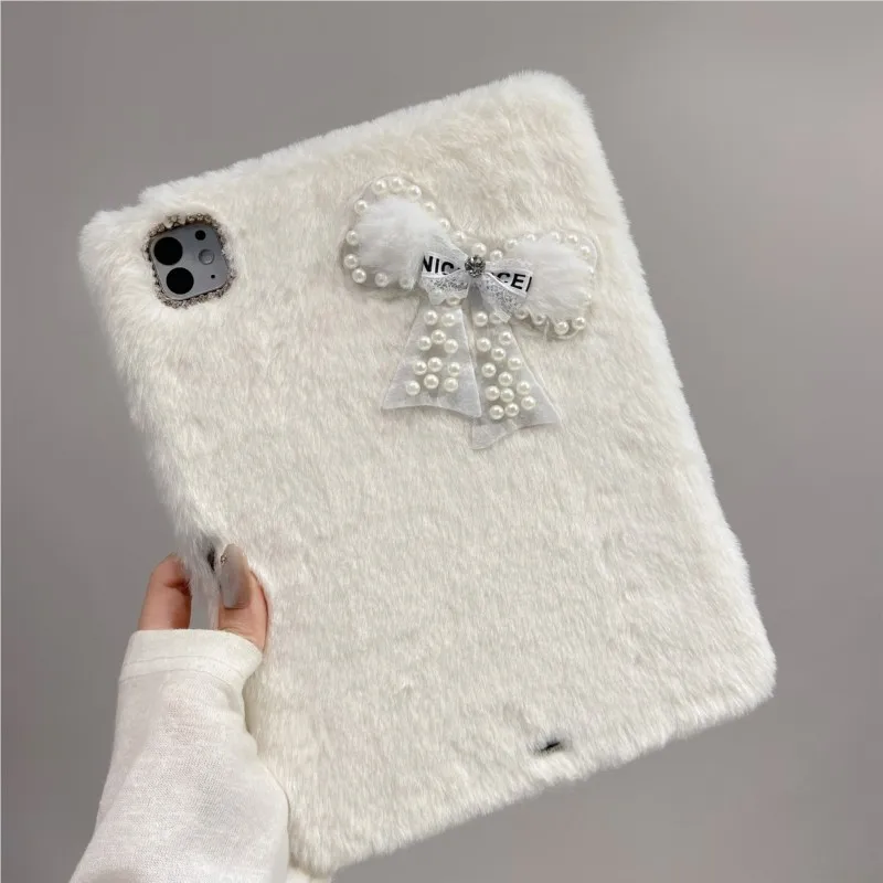 Cute Plush Furry Bow Pearl Decor Tablet Case for HONOR V6 V7 10.4in V7Pro V8 11in X8Pro X9 11.5in V8Pro 8 9Pro 12in 9 12.1in