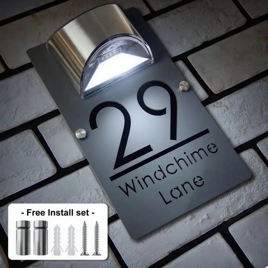 

Customized House Number Outdoor Solar Lights 3D Laser Cut Door plaque Personalized House Number Led Solar Home Decor Door Sign