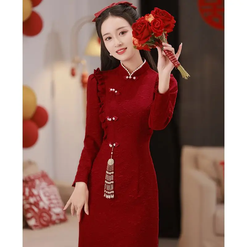 

Yourqipao Burgundy Cheongsam Chinese Wedding Toast Clothing Long-sleeved Bridal Engagement Dress Women New Year Evening Dresses