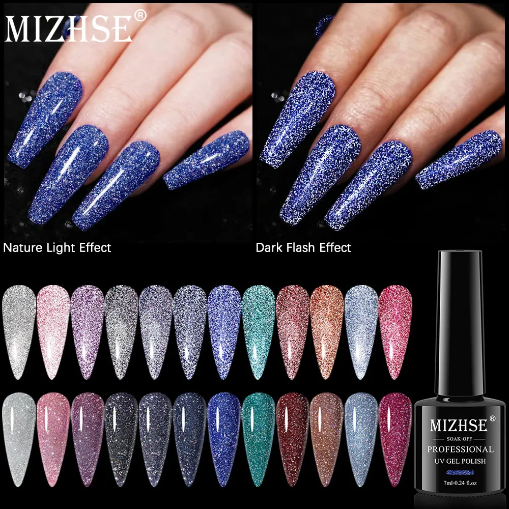 MIZHSE 7ML Reflective Glitter Gel Nail Polish Semi Permanent Nail Polish Sparkling Varnish Hybrid UV Gel Nails Art Salon Varnish