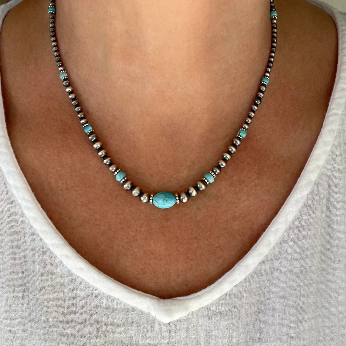 2PCS Vintage Round Beads Inlaid Turquoise Necklace Earring Set Women\'s Fashionable Personalized Handmade Jewelry