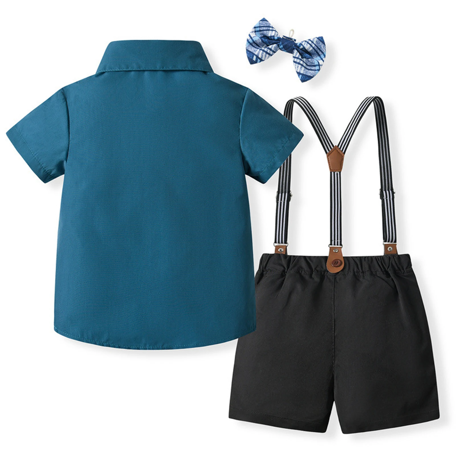 Kids Boys British Style Formal Suit School Uniforms Gentleman Outfit Short Sleeve Suspenders Shorts for Birthday Party