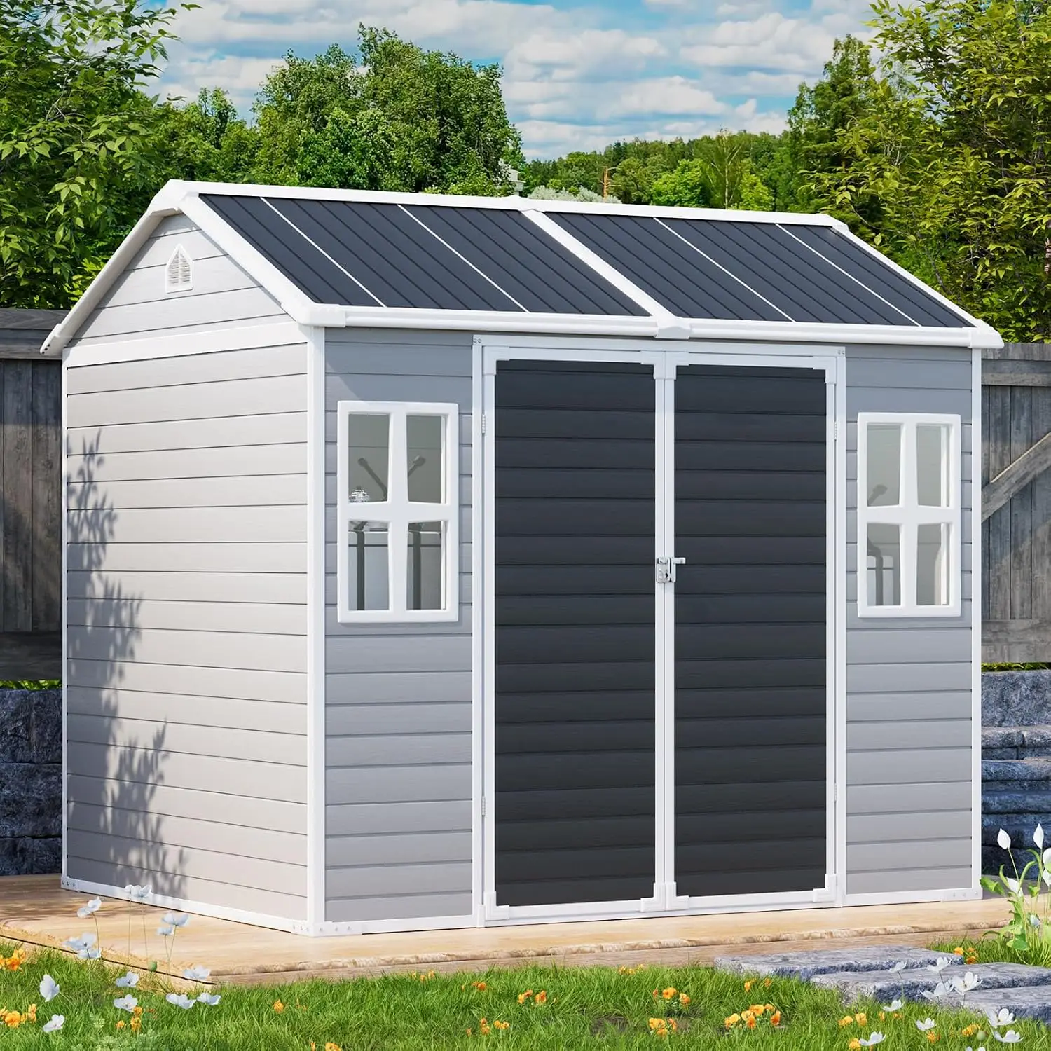 Outdoor Storage Shed 8x6x7 FT Resin Floor 2 Windows Reinforced Waterproof Plastic Kit Backyard Patio Lawn Tools Gray Customized