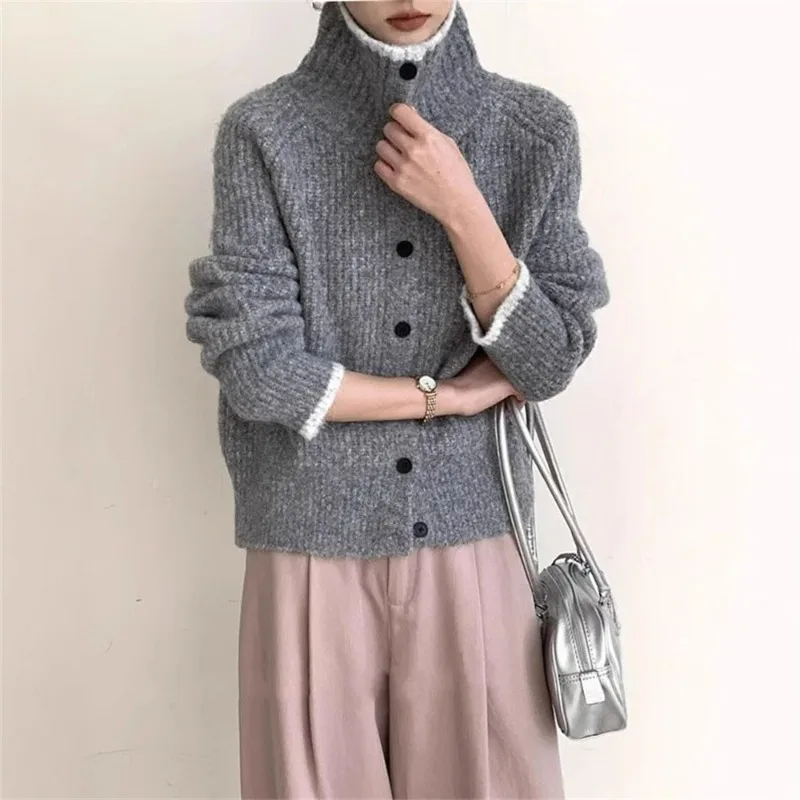 

Soft Glutinous Single-breasted High-neck Cardigan New Japanese-style Autumn Winter Outerwear Warm Knitted Sweater Top for Women