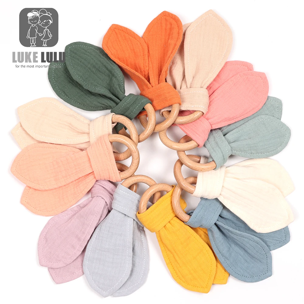 

Natural Beech Wood Baby Teether Cotton Rabbit Ears Newborn Teething Ring Rodent Gum Pain Relief Molar Sensory Rattle