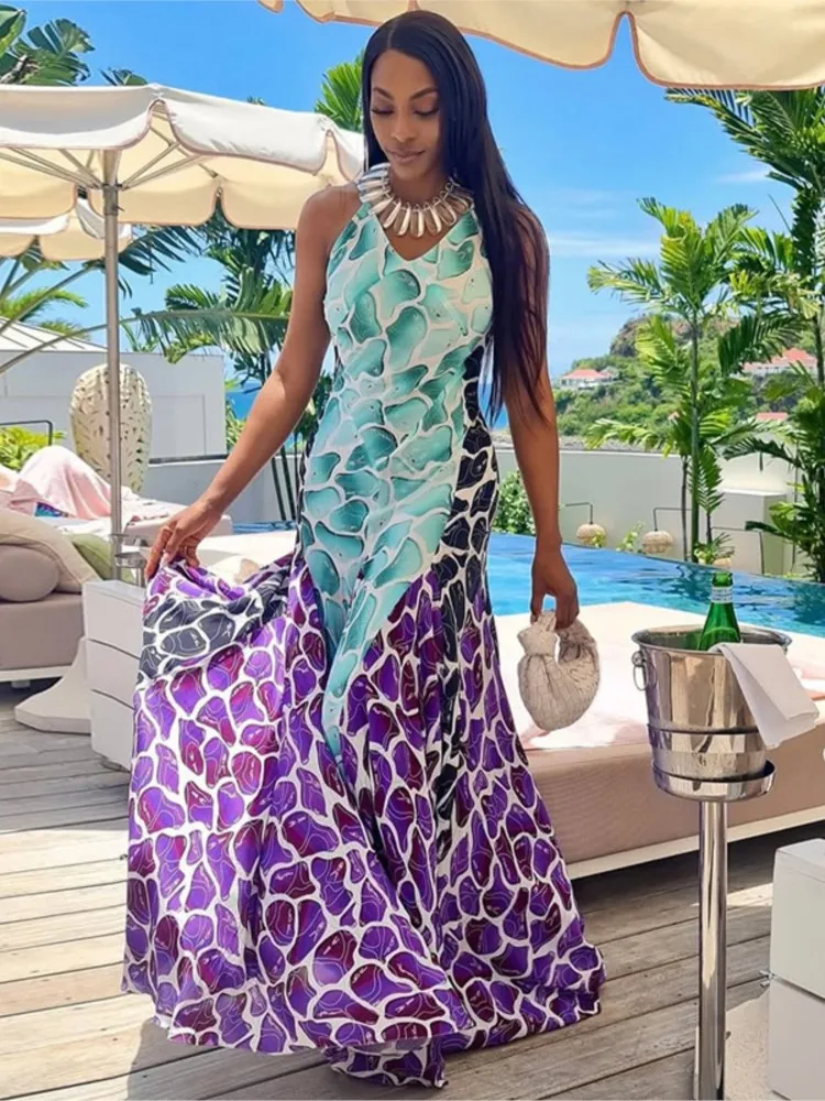여름 프린트 섹시 드레스 여성 스트리트웨어 민소매 백리스 스파게티 스트랩 바디콘 캐주얼 클럽웨어 우아한 파티 맥시 드레스