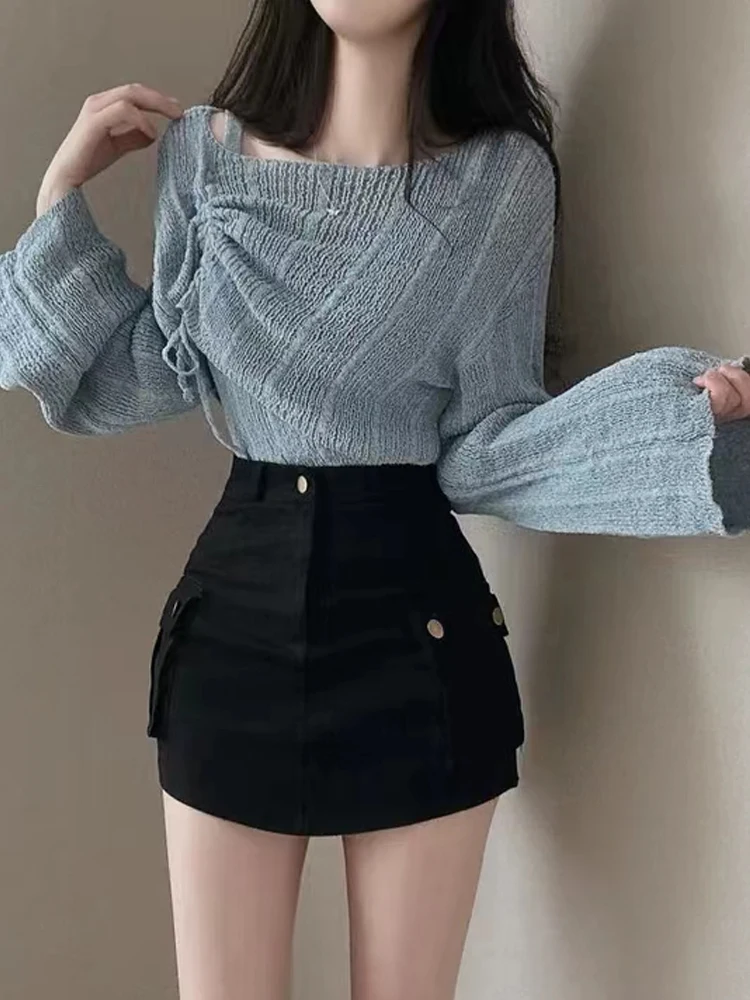 Fall New Long Sleeve Knitted Sweater Women's Korean Style Fashion Drawstring Cover up Top Inner Wear Tank Top Two Piece Set