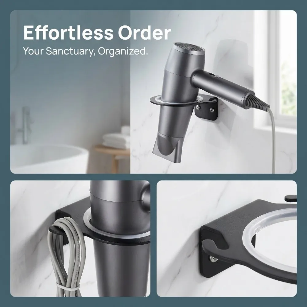 Space Aluminum Hair Dryer Holder Black Wall Mounted Hair Dryer Rack Easy to Install Non Rusting Hair Dryer Hanger Home Storage