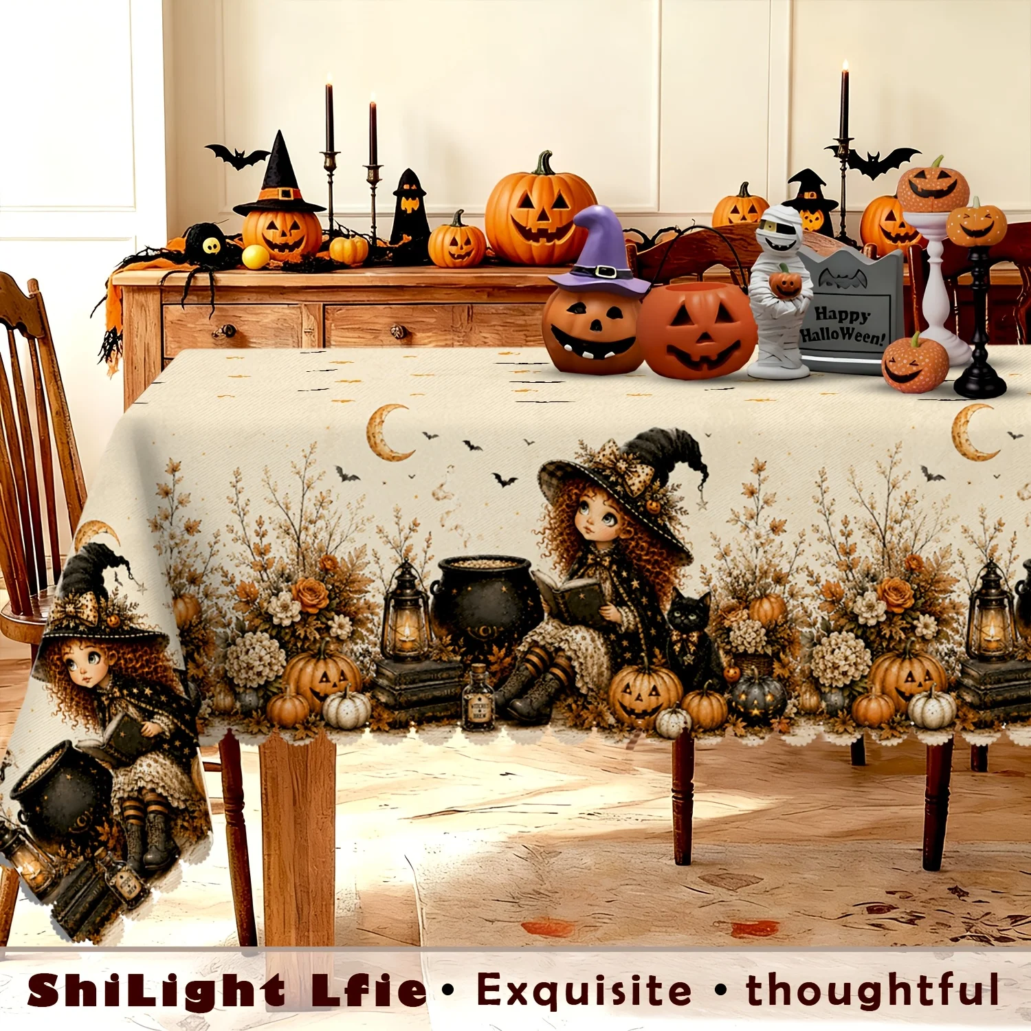 One-piece vintage Halloween witch tablecloth, featuring a witch, a large pot, and a black cat.zyc
