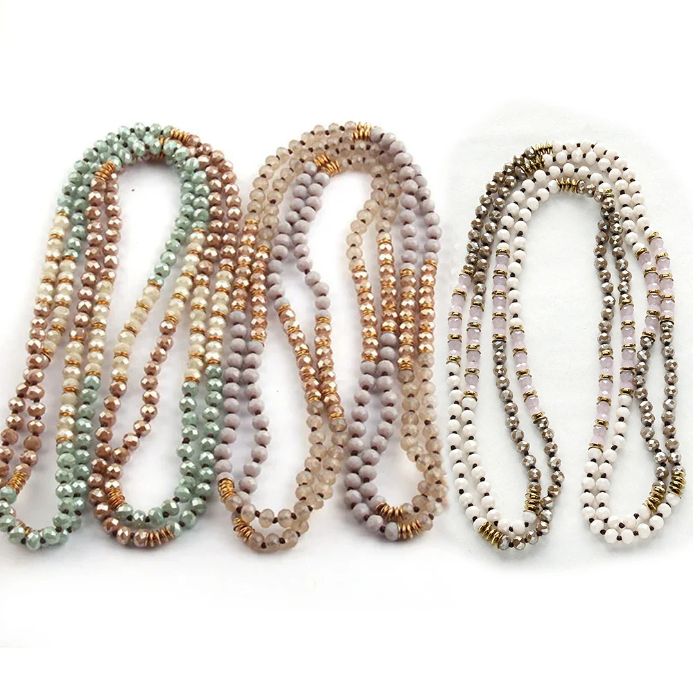 Fashion 6mm Glass Knotted Metal Spacer Multi Crystal Necklace