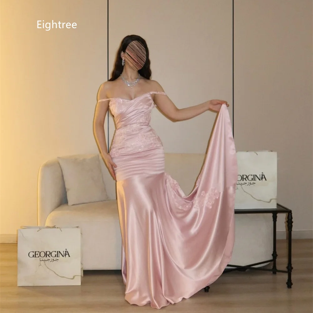 Eightree Pink Mermaid Prom Dresses Off Shoulder Sweetheart Thin Strap Evening Dress Ruched Waist Lace Train Gowns Customized