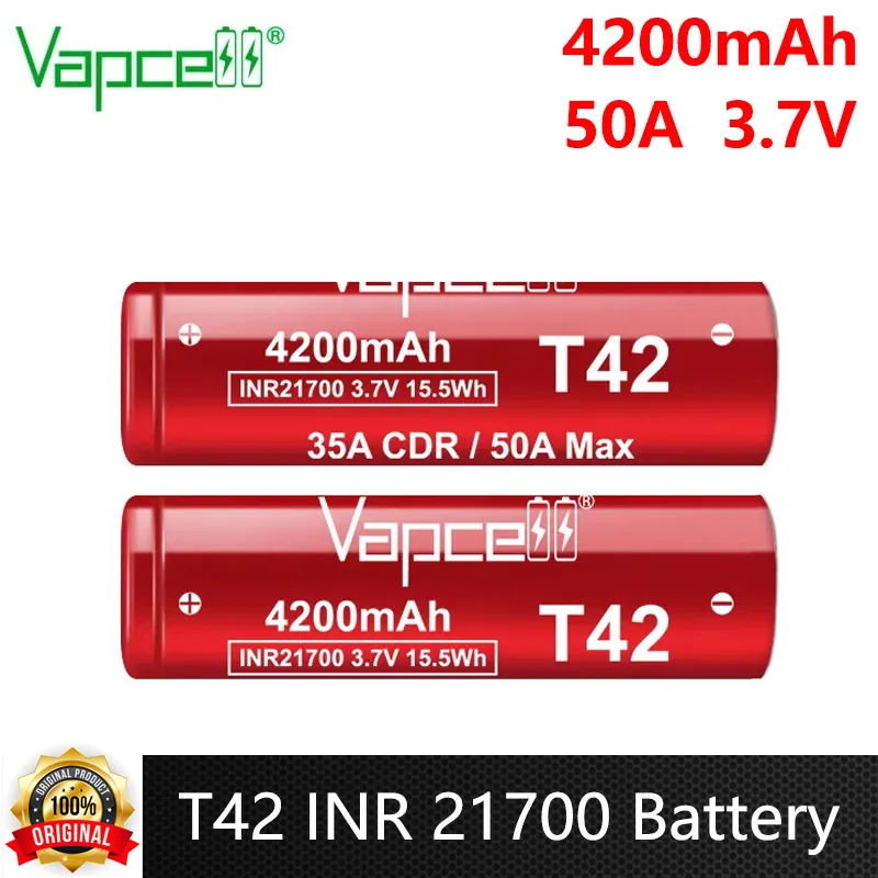 Original Vapcell T42 INR 21700 Battery 4200mAh 3.7V CDR 35A Max 50A High Discharge Current Battery Li-ion Rechargeable Battery