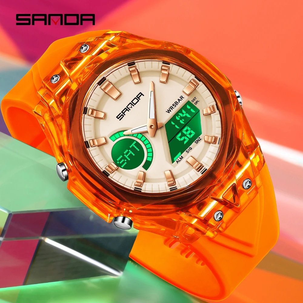 SANDA 6283 ساعات كوارتز إلكترونية عصرية للرجل عرض مزدوج للطلاب ساعة منبه مضيئة مقاومة للصدمات ساعة رقمية رياضية #2