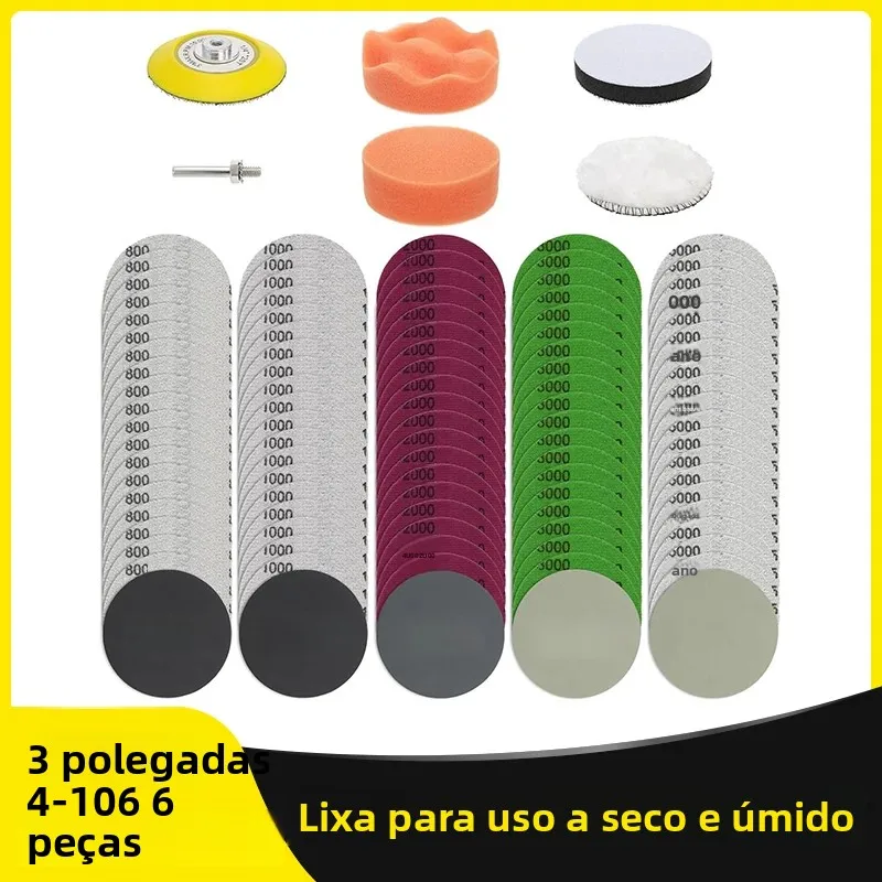Discos de Lixa de 3 Polegadas para Uso Úmido e Seco, Kit de Restauração de Faróis com 4-106 Peças, Grãos 800-5000, Carbeto de Silício, Fixação por Gancho e Laço para Carros e Madeira