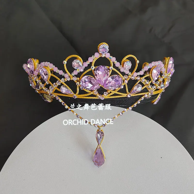 Ballet crown headpiece with golden hollow outline and purple rhinestone dangling ornaments for ballet stage performance