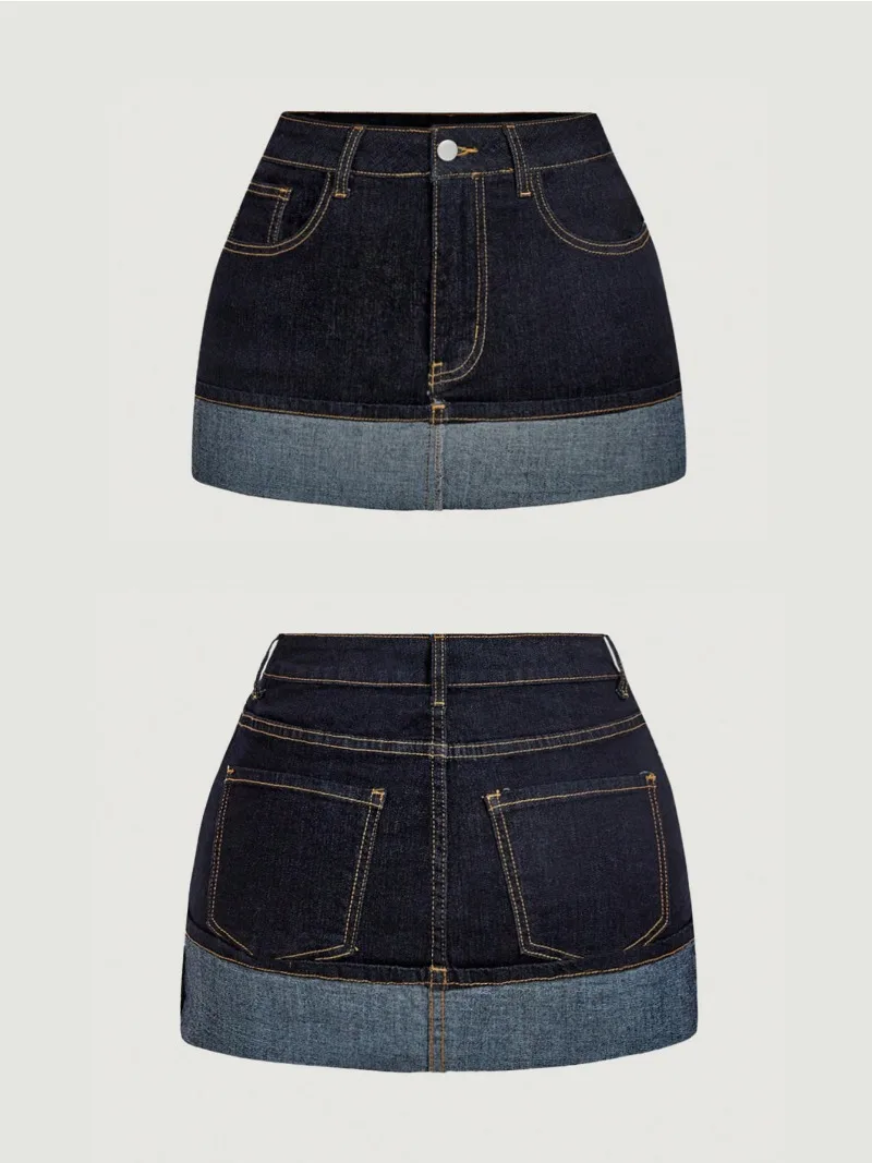 2026 New Two Tone Denim Mini Skirt Women High Waist Spliced Color Jean Skirt Streetwear Vintage Straight Short Skirt Casual