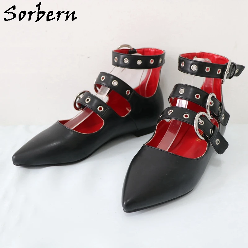 Sorbern Unisex Style Women Flat Heel Shoes Ankle Strap Eyelets Pointed Toe Flat Heels Custom Gladiator Style Black and Red