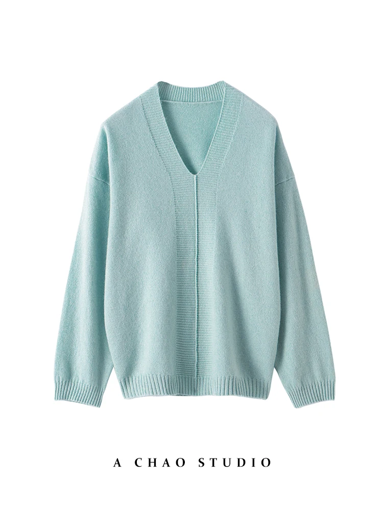 

CHICUU Women Autumn Winter 100% Cashmere Sweater V-neck Long Sleeve Pullover Sweater Warm Soft Loose Style Cashmere Knitwear Top
