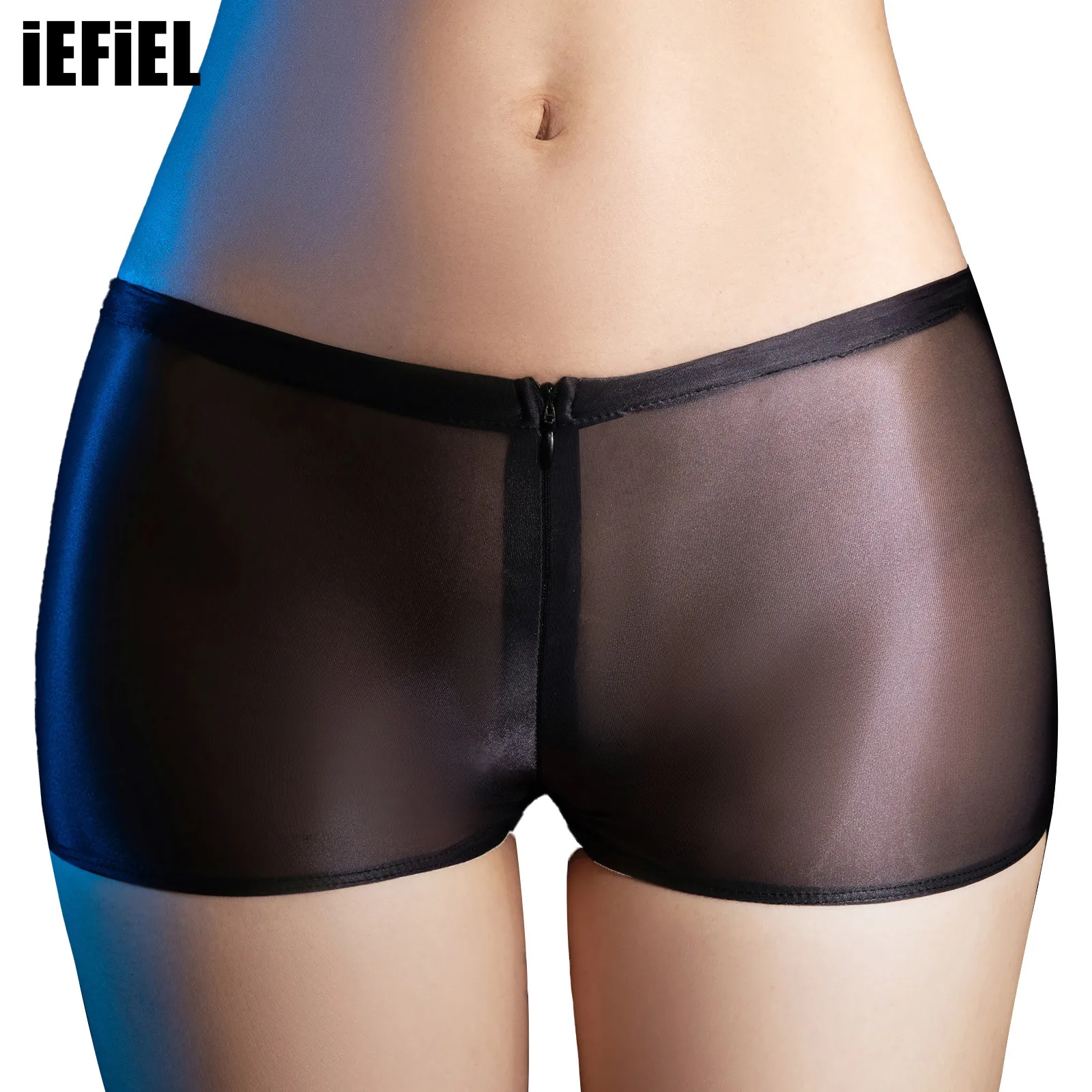 Womens Glossy Zipper Crotch Boyshorts Low Rise See-Through Panties Underpants Lingerie Underwear