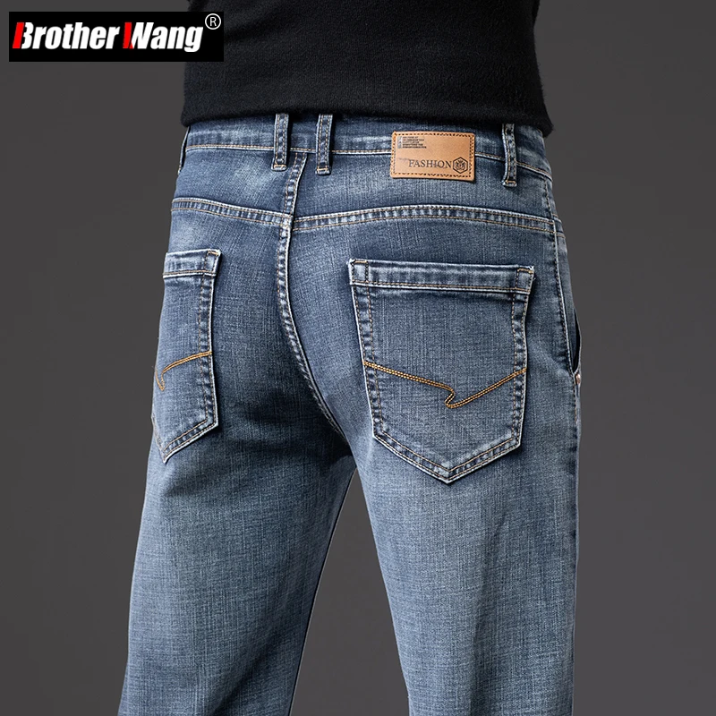 Autumn Classic Style Men\'s Cargo Jeans in Durable Fabric Fashion Casual Blue Gray Denim Stretch Pants Male Brand Trousers